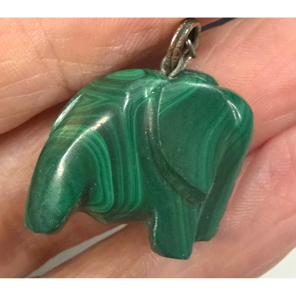Vintage Genuine Carved Green Malachite Elephant Dangle Drop Earrings Good Luck